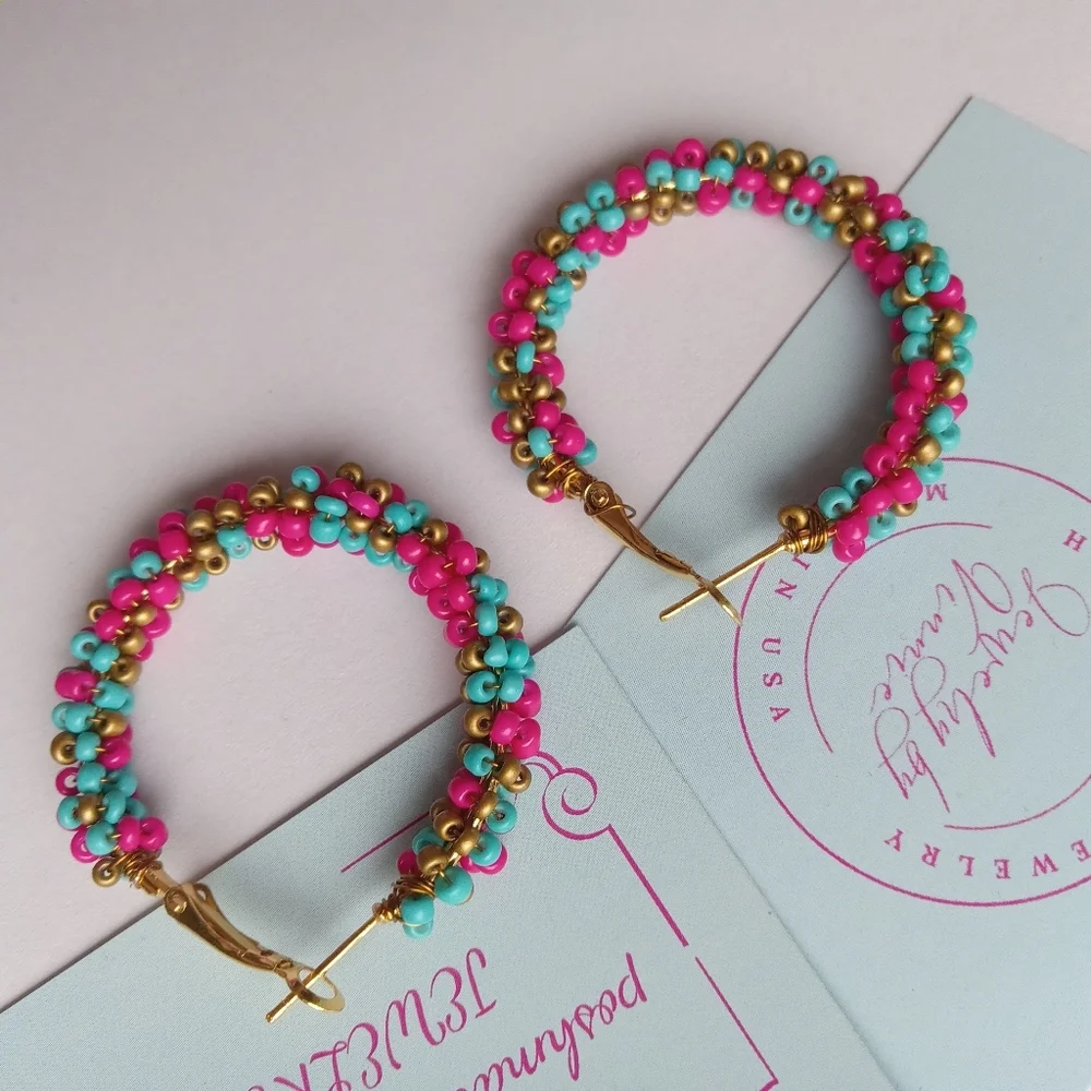 Hand Crafted Pink and Turquoise Beaded Hoop Earrings - Picture 5 of 5